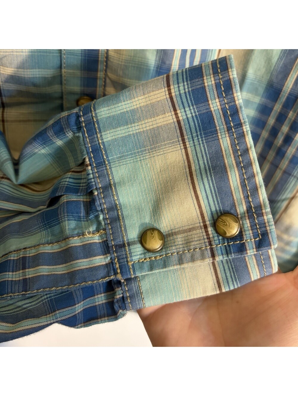 Wrangler Retro Men's L Blue Tan Plaid Woven Long Sleeve Button-Up Shirt - Picture 5 of 9